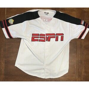 Vintage ESPN Men's Size Large Spellout Baseball Short Sleeve White Jersey